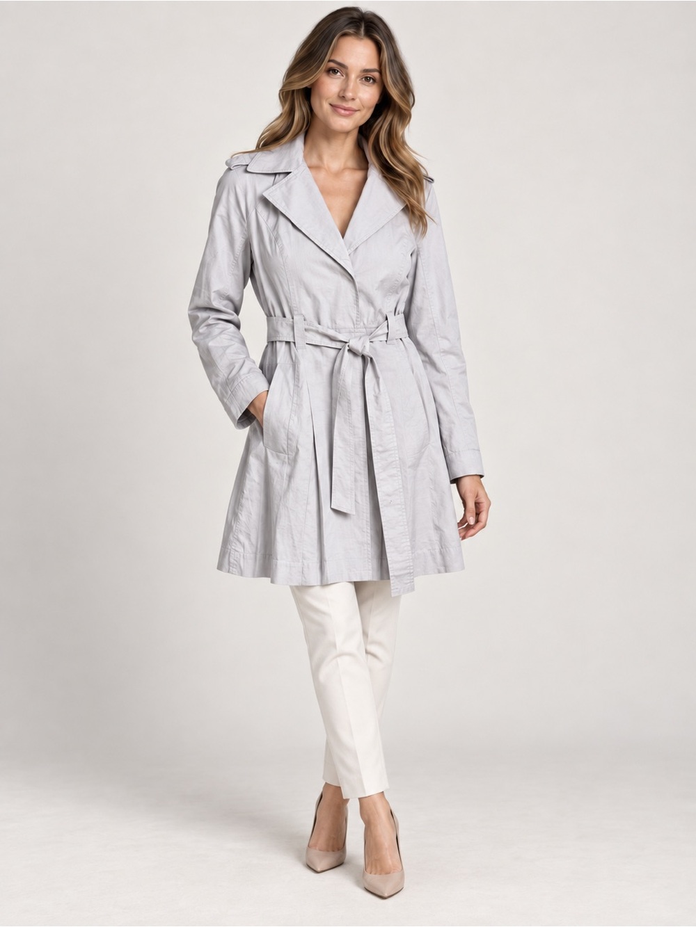 cabi Style 917 Light Gray Belted Pleated Trench Coat Size L